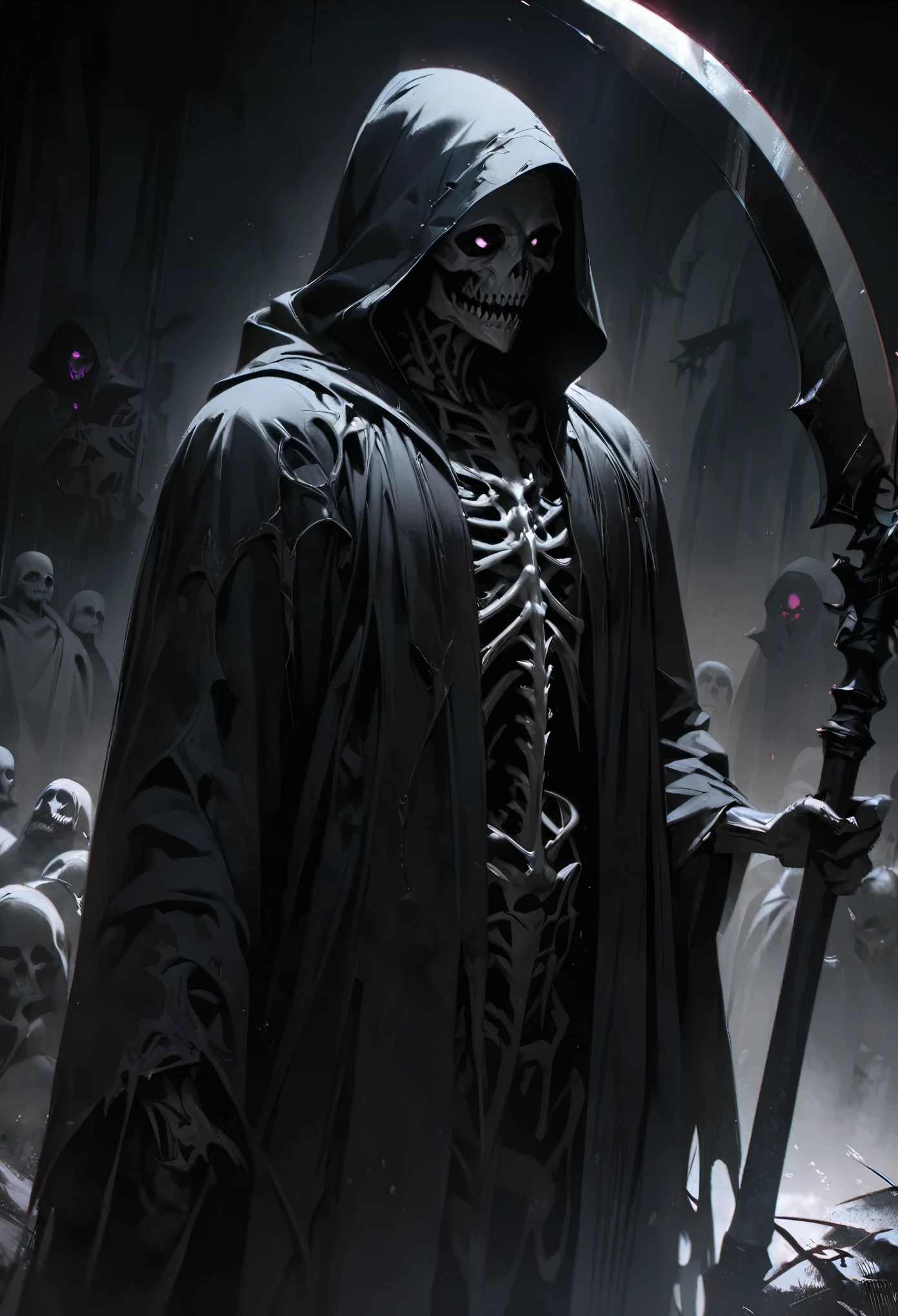 A black grim reaper, oil painting, extremely detailed figure, flowing black robe and hood, striking skeletal face with hollowed eyes and sharp teeth, holding a scythe with a long, curved blade, (scythe), surrounded by a misty graveyard, moonlight illuminating the scene, dark and eerie atmosphere, high contrast between light and shadow, dramatic lighting. (best quality, 4k, highres, masterpiece), ultra-detailed, realistic, gothic art style, desaturated colors with hints of deep purple and blue, strong chiaroscuro effect, black color schemes