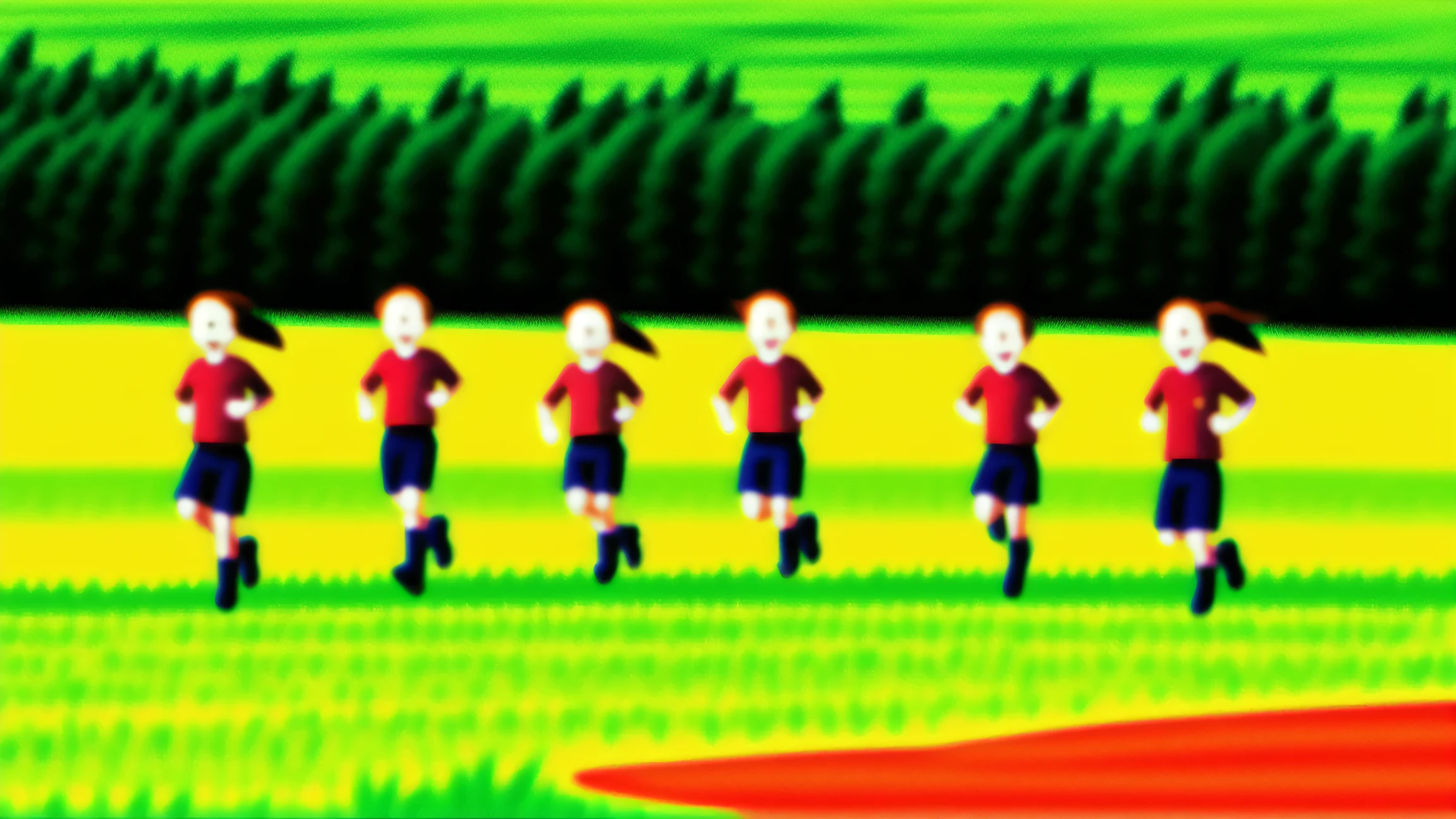 A joyful group of children running freely in a vast field, filled with laughter and excitement, multiple_girls, multiple_boys, running, flowers, grass, field
