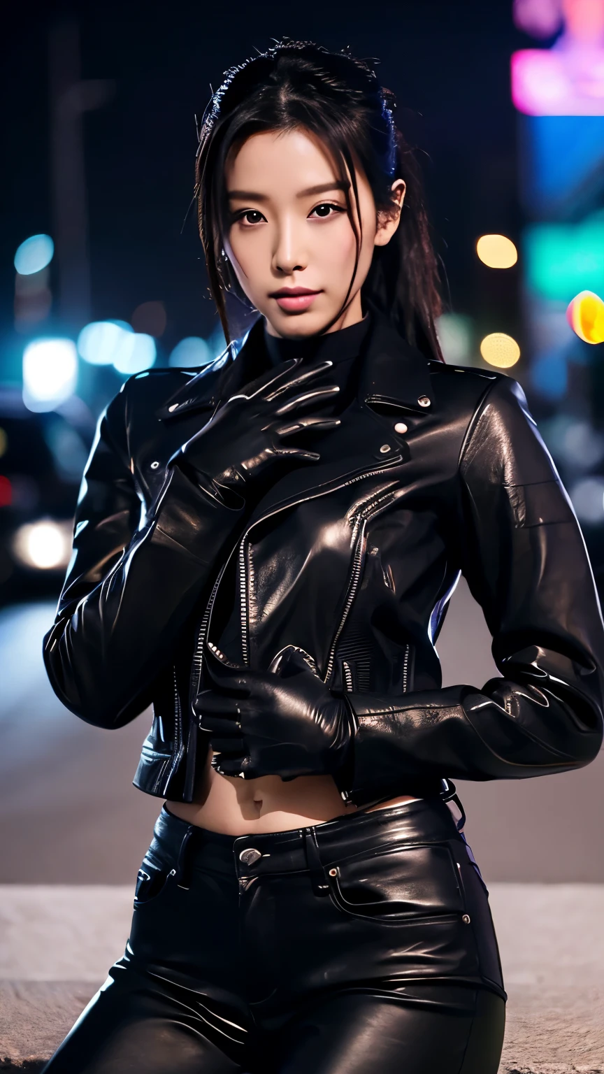 black leather rider jacket, Office in the Dark, Black leather gloved fingertips on both hands,Wearing black leather gloves,Sitting in a black leather chair、 Japanese female new recruits (Black leather gloves cover both hands) (The angle is horizontal)、Black Leather Pants,Black Leather Black Leather Pants,Black Leather Skinny Pants、Long black leather boots on both feet、Black hair ponytail ((He wears black leather gloves on his hands))Full Body Photo,full body shot full body full body leather suit,☺If you turn in this direction。Wearing black leather gloves,Wearing black leather gloves,Wearing black leather gloves,Wearing black leather gloves,Wearing black leather gloves,Wearing black leather gloves,黒のレザーパンツが美しい😍黒のレザーパンツが美しい😍黒のレザーパンツが美しい,😍Smiling while looking at me,City lights、((Neon Cyberpunk City Street:1.3))、(Neon Light)、Detailed lighting、
Best image quality、Ultra-high resolution、(realism:1.4)、Korean Beauty Star、The most beautiful KPOP stars、face、Horny Korean Makeup、A body that makes you want to touch it、Realistic leather texture、Costume made of smooth leather fabric、The drape of the curved parts of the leather fabric、The costume is very shiny、Quality of the costume、8K Photo Quality