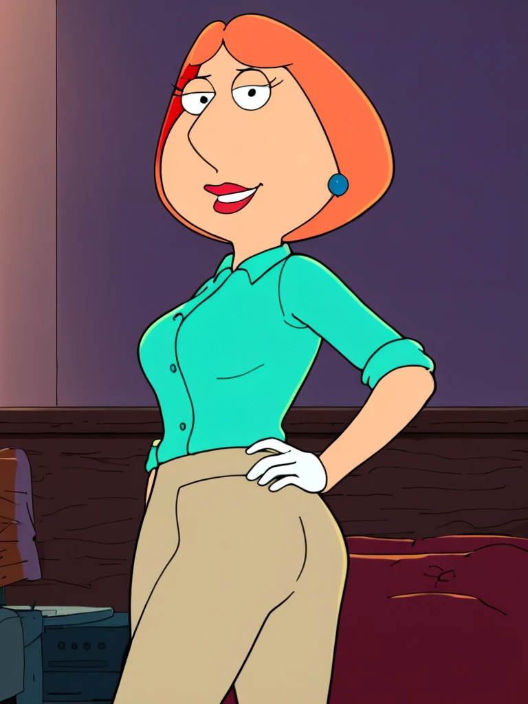 score_9, score_8_up, score_7_up, score_6_up, score_5_up, score_4_up,lois, dot pupils, 1girl, blue earrings, jewelry, short hair, solo, lipstick, makeup, orange hair, aqua shirt, beige pants, breasts, flat color, smile,looking at viewer, hand on own hip, back view,