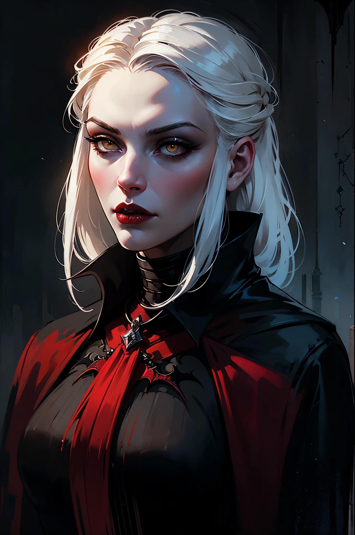 Woman with white hair and yellow eyes, red lips, Vampire Girl in latex, Dark, But detailed digital art, dark fantasy style art, Portrait of a vampire, androgynous vampire, Dark art style, style of charlie bowater, gothic horror vibes, tom bagshaw artstyle, gothic art style, dark fantasy portrait, neoartcore and charlie bowater