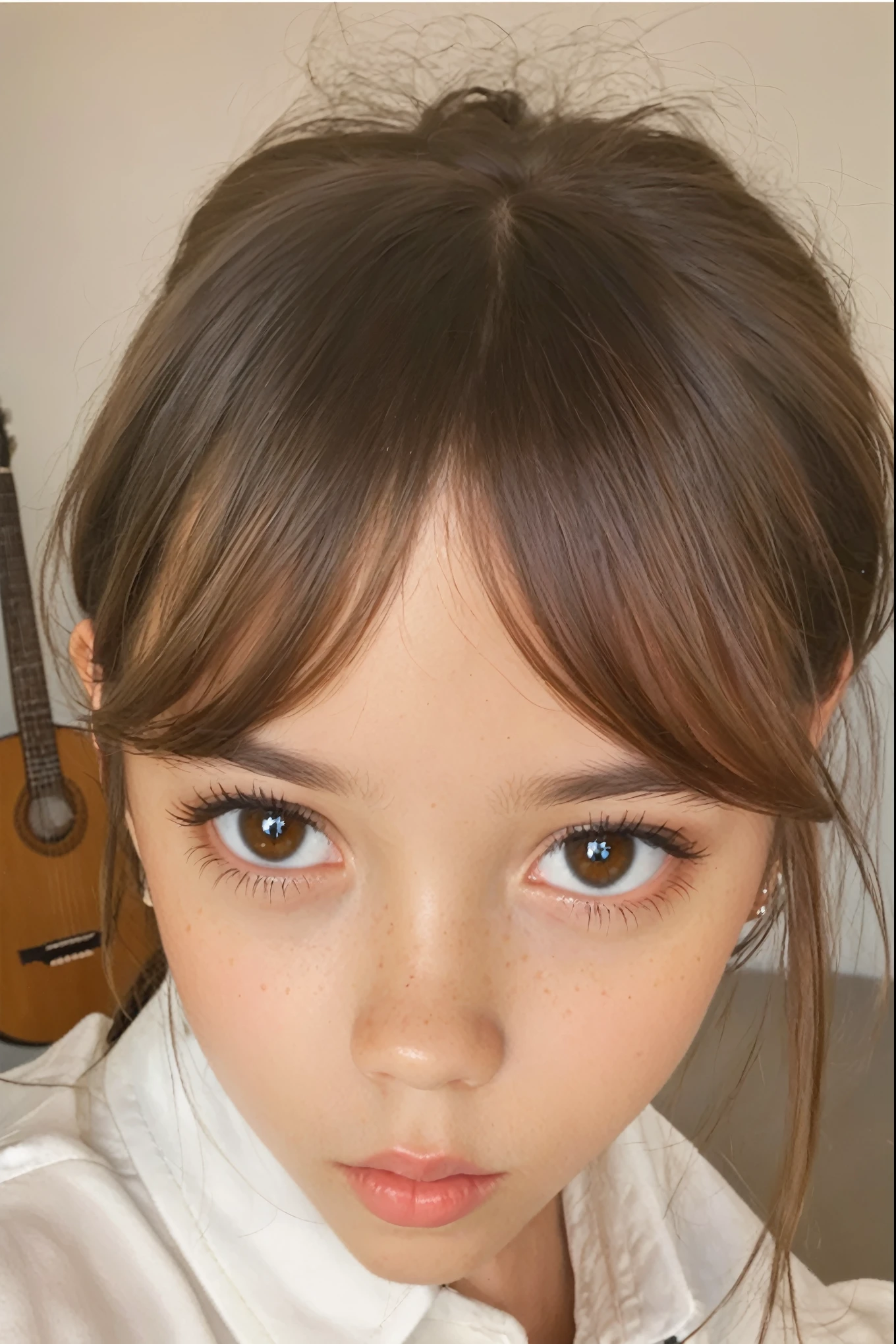 im Hintergrund ist eine Frau mit einer Gitarre, Jenna Ortega, brown hair and big eyes, Brauner Pony, short brown hair and big eyes, braune Haare und Pony, gepflegtes Haar mit Pony, accurate braune Augen, flauschiger Pony, braune Haare Pony, braune Haare mit Pony, white pony, braune Augen, braune Augen and white skin, Detailed big eyes, light braune Augen