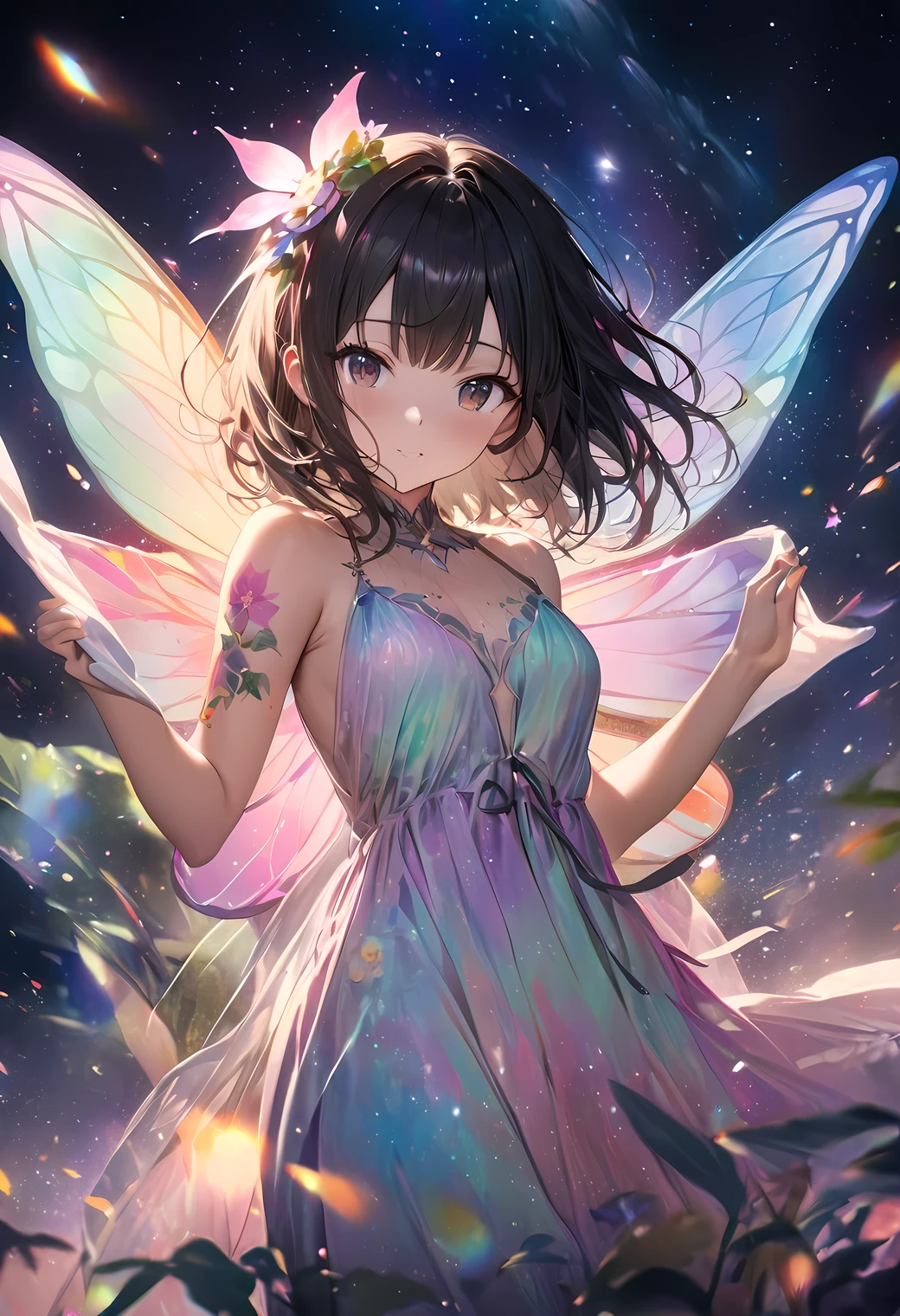 Melody Mark,Highest quality、Tabletop、1 Female、solo、(Abstract art:1.4),(Psychedelic Theme:1.6),(Gunjo World:1.5),(Snow World:1.5),(Winter World:1.5),(At the center of the world is the most beautiful woman in the world),(Many stars are falling:1.3),A ray of light spreads,Crystals spreading from the center,Prisma(Nostalgic scenery:1.5),(Colorful flowers:1.3),Garden Girl,Gentle sunlight,Breeze,Delicate flowers,A rainbow-colored butterfly flutters its wings,Captivating natural beauty,Shining Star Fragment,Ice crystals,