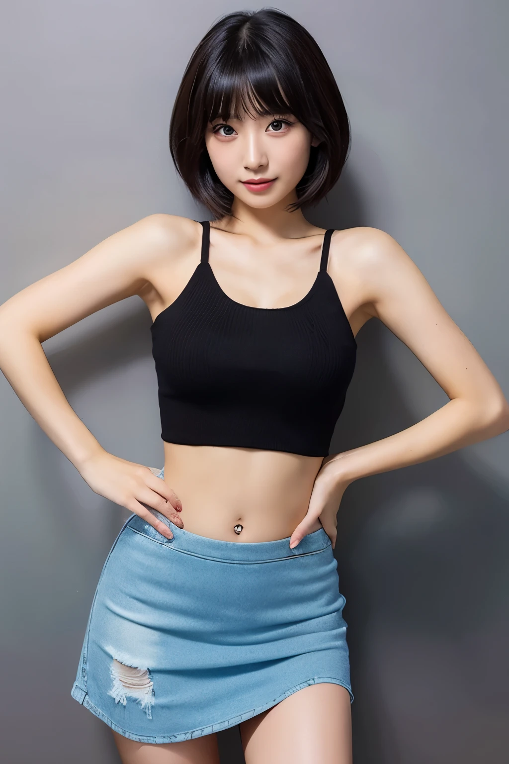 Japanese women 30th Generation Tank top mini skirt Belly button piercing Bob Hair Model pose