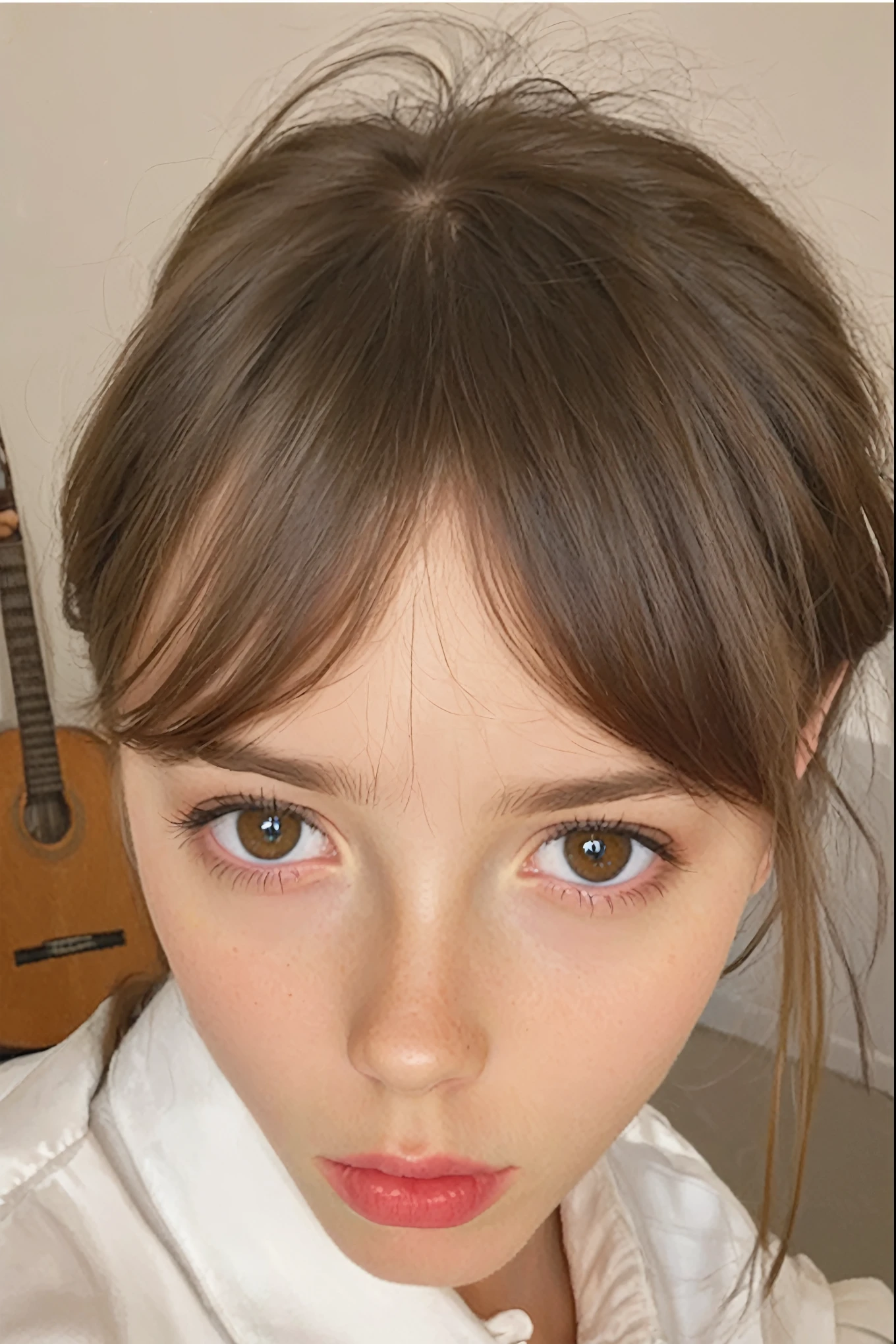 im Hintergrund ist eine Frau mit einer Gitarre, brown hair and big eyes, Brauner Pony, short brown hair and big eyes, braune Haare und Pony, gepflegtes Haar mit Pony, accurate braune Augen, flauschiger Pony, braune Haare Pony, braune Haare mit Pony, white pony, braune Augen, braune Augen and white skin, Detailed big eyes, light braune Augen