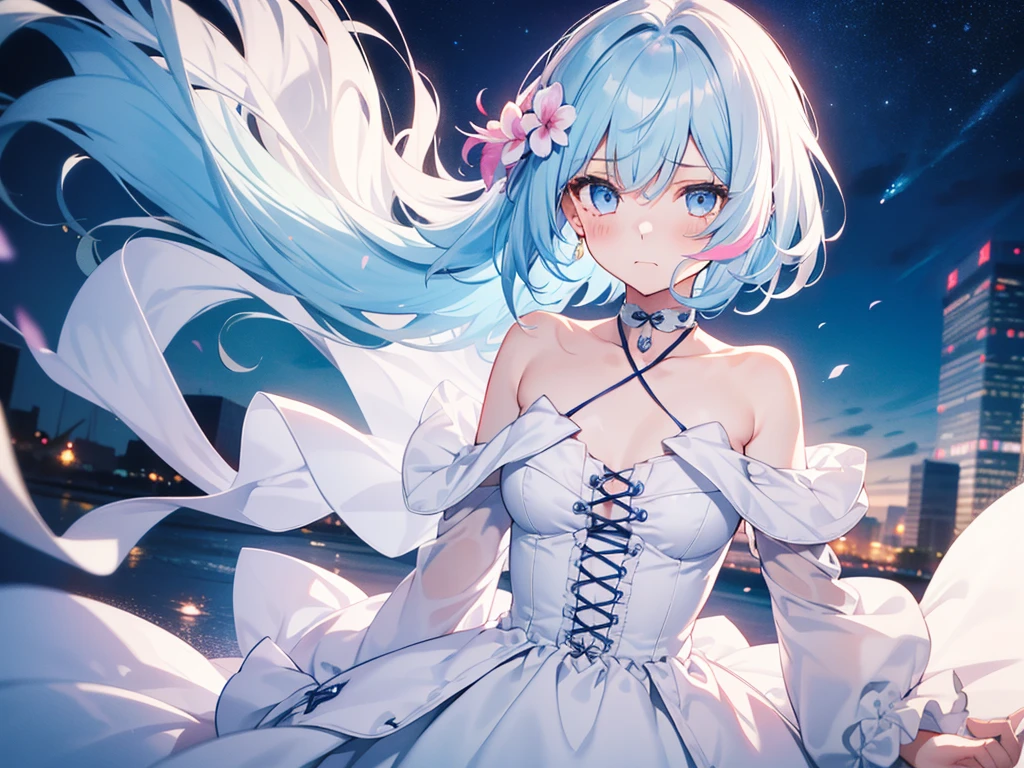 (Tying her sky blue hair into a single braid),(Pink Eyes),Fair skin,whole body,alone,Lonely face,tears,(Snowy Night),A lonely girl who got dumped just before Christmas,(masterpiece, Highest quality, Very detailed), Best Shadow,Detailed Background,Beautifully detailed face,High Contrast,Best lighting, Very delicate and beautiful,Cinematic Light,Hyper Detail,8k,Dramatic Light,Exquisite detail,