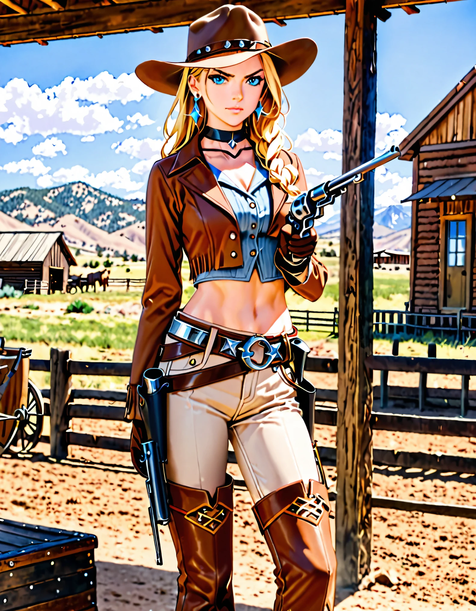 masterpiece, high quality, high res, 1girl, tall body, blonde_hair, braid, blue_eyes, boots, choker, earrings, gloves, perfect hands, (holding gun, colt revolver), jewelry, long hair, midriff, solo, standing, thigh_boots, cowgirl, ranch backdrop, day, cowboy hat, serious, light brown costume