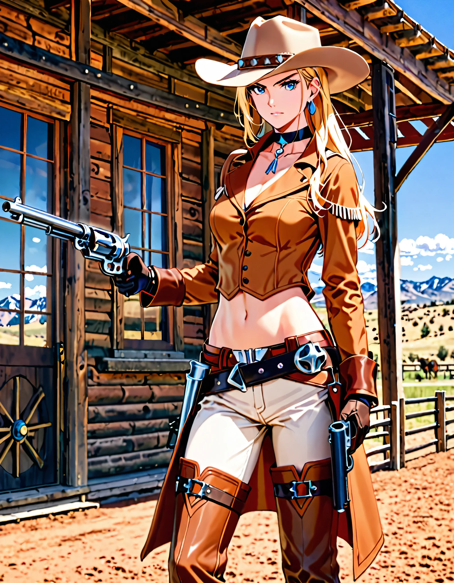 masterpiece, high quality, high res, 1girl, tall body, blonde_hair, braid, blue_eyes, boots, choker, earrings, gloves, perfect hands, (holding gun, colt revolver), jewelry, long hair, midriff, solo, standing, thigh_boots, cowgirl, ranch backdrop, day, cowboy hat, serious, light brown costume