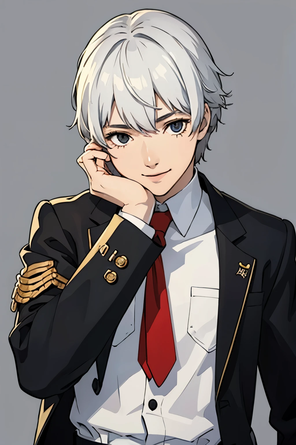 age man smiling, hands on face, eyes sleepy, white hair, black school janpanese uniform