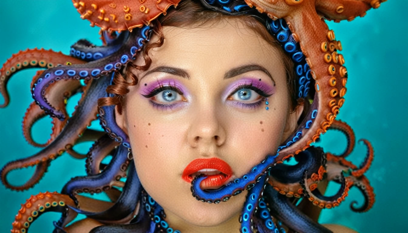 A girl with octopus tentacles on her head, with detailed and dramatic eyes and lips, posing for a high fashion photographic session. The image has a high resolution and is ultra-detailed, with studio lighting that enhances the vivid colors. The art style is portraits, with a focus on capturing the unique beauty of the girl with the octopus tentacles. The color tone is vibrant and lively, with a balanced and flattering lighting that brings out the best features of the girl.