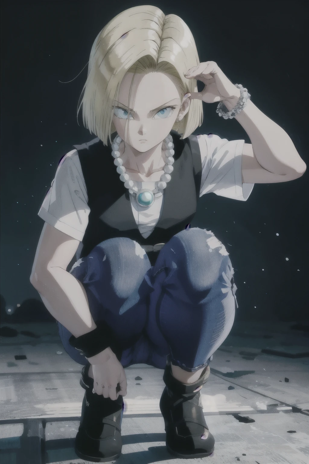 highest quality, High resolution, And 18, One girl, Android 18, alone, Blonde Hair, blue eyes, belt, jeans, Pearl_necklace, bracelet, Black gloves, White shirt, short hair, Short sleeve, Earrings, Blue pants, Open Vest, Black vest, , (Dark Background:1.3),Expressionless, (((Squatting on one knee)))), (((Raise your right hand))))