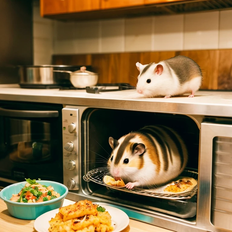 Hamster is a good cook:Hamster cooking delicious food in the kitchen。