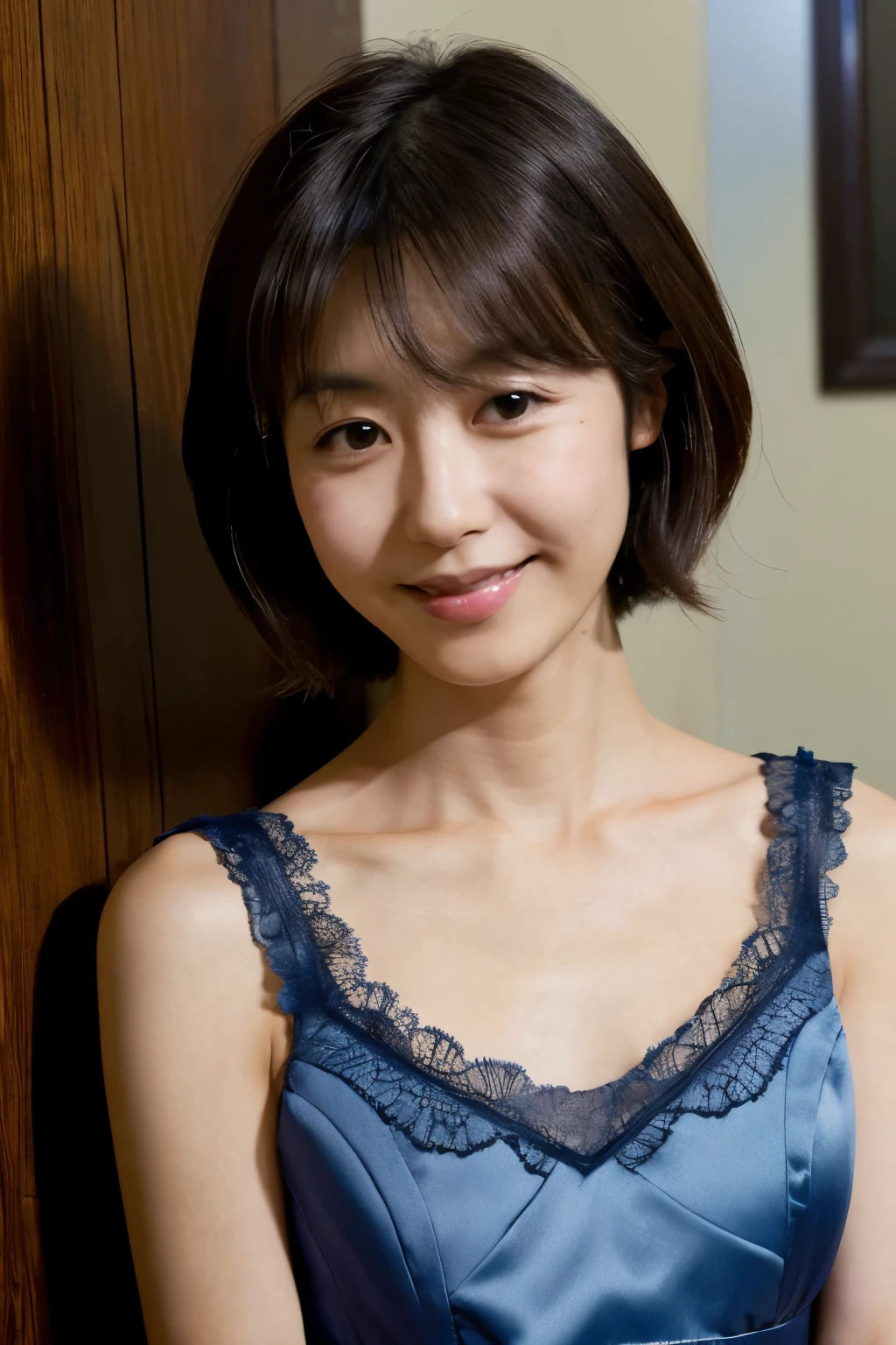Skinny Japanese woman, 29 years old, wearing a blue satin mini-length camisole dress, Dress trimmed chest in black lace, kindly smile, brown hair, straight short bob hair, high resolution, masterpiece, top-quality, ((Hasselblad photo)), Fine skin, Fine textures, sharp focus, (light), clavicle, 
