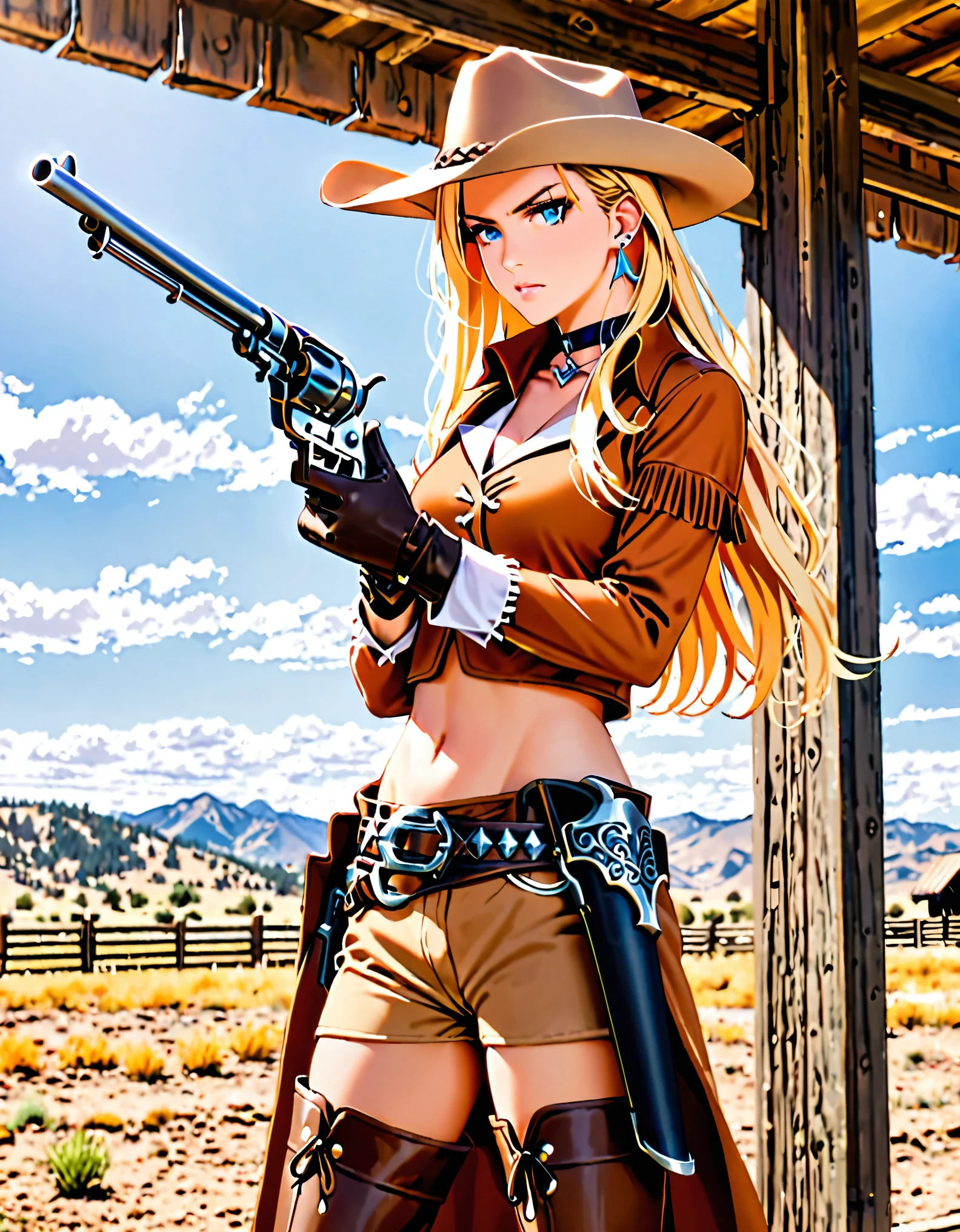 masterpiece, high quality, high res, 1girl, tall body, blonde hair, braid, blue eyes, boots, choker, earrings, gloves, perfect hands, (holding gun, colt revolver), jewelry, long hair, midriff, solo, standing, thigh boots, cowgirl, ranch backdrop, day, cowboy hat, serious, light brown costume