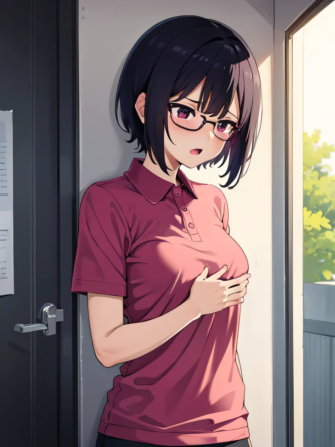 1. Beautiful girl in a magenta polo shirt, short hair, Small breasts, Embarrassing, Beautiful fingers, Shyness, worries, Black Hair, No underwear, Crouching, black eyes, hospital, beautiful, cute, high quality, short sleeves No bra, Open mouth Glasses Perfect hands
