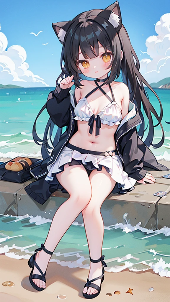 anime girl 坐 on the beach with her cat ears up, on the beach, on the beach上,stand,on the beach,Shy,She was pushed down, Attractive anime girl,Photo poses,Black Hair,Yellow eyes, on the beach, in the sea, on a sunny beach, on the beach上, in the seaside,穿著strappy high heels,Black mini skirt,Beautiful legs,swimsuit,strappy high heels