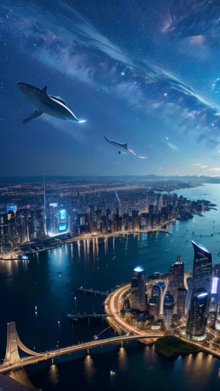 A beautiful futuristic city, with stars in the sky, flying whales, 4k, uhd, masterpiece