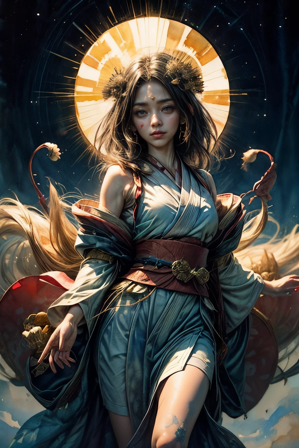 (masutepiece, of the highest quality, Best Quality, Official art, (Beautiful and aesthetic:1.4), (watercolor paiting:1.4) ), (Amaterasu:1.5), Japan mythological gods々々々, Dignified beauty, sun goddess、Goddess of Life、Support for samsara, God's Grace, Gentle and meditative expression, Flowing Celestial Garments, A golden glow illuminated all landscapes of the earth, A dazzling dance of lights, Whispers of ancient lore