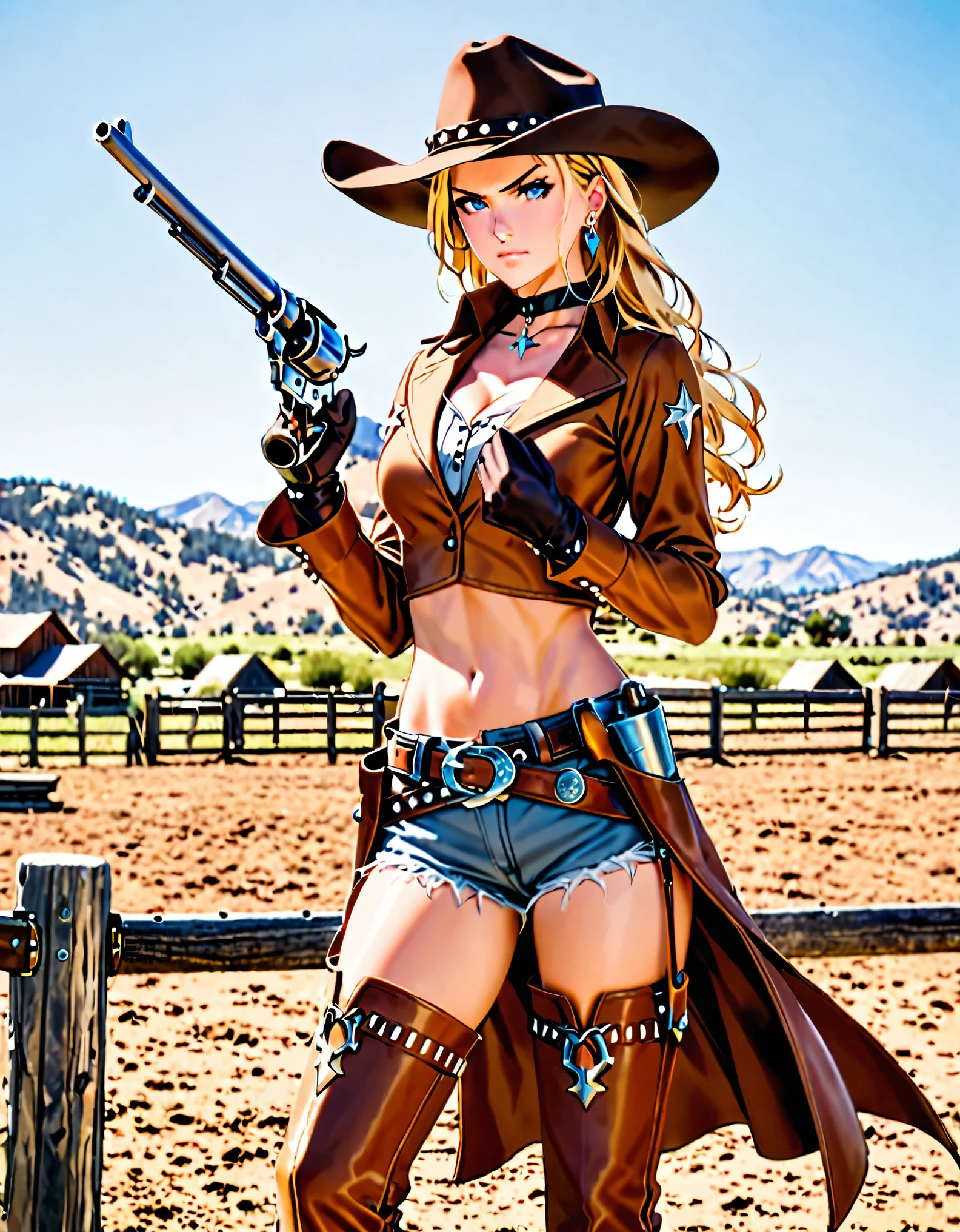 masterpiece, high quality, high res, 1girl, tall body, blonde hair, braid, blue eyes, boots, choker, earrings, gloves, perfect hands, (holding gun, colt revolver), jewelry, long hair, midriff, solo, standing, thigh boots, cowgirl, ranch backdrop, day, cowboy hat, serious, light brown costume