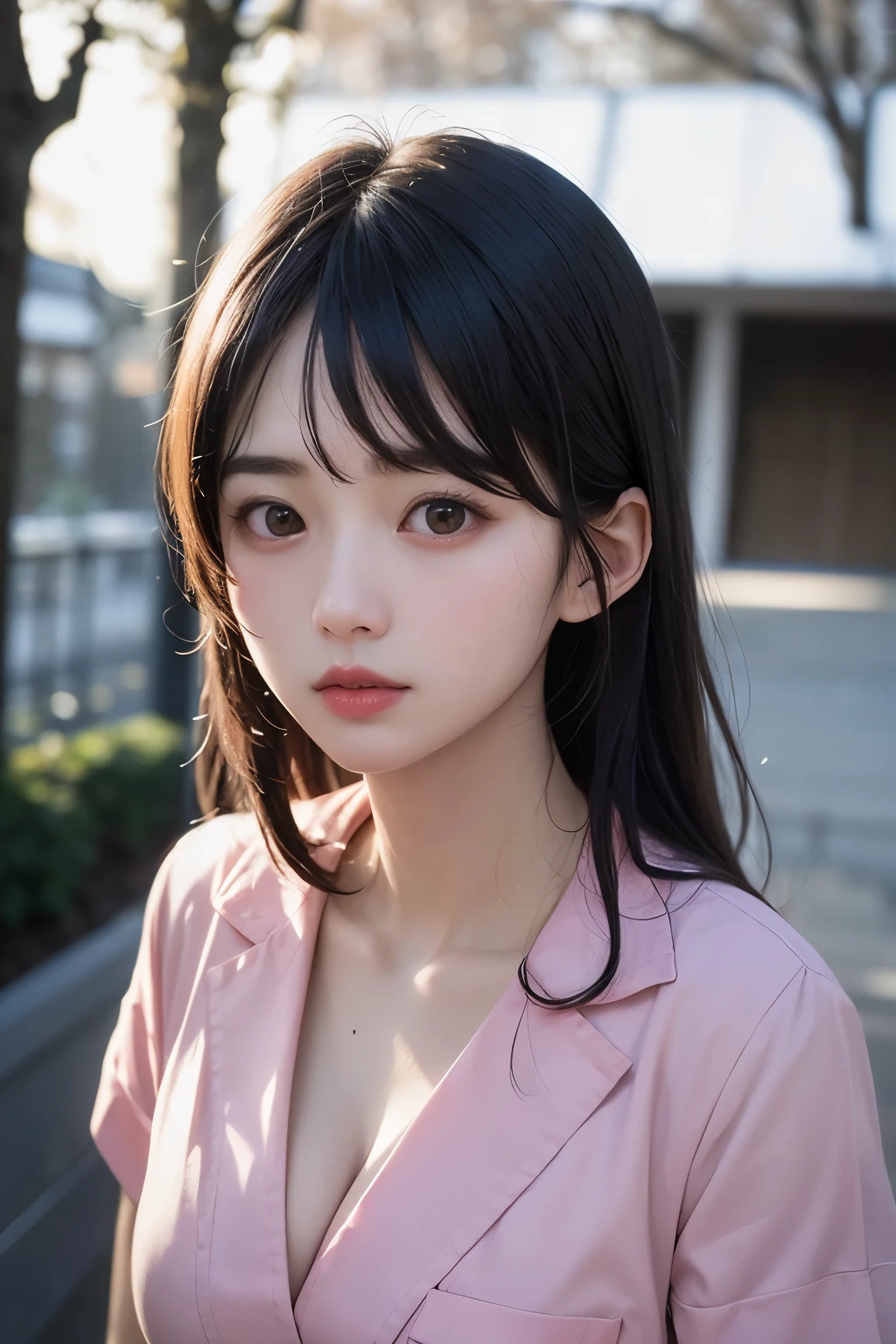 (1 nogizaka girl,raw photo,photo realistic:1.5),(best quality, high quality,HDR, highest quality,ultra high resolution,high resolution,high res,ultra high difinition,huge file size,8K,2K wallpaper,8K wallpaper,high quality texture,amazing,an extremely delicate:1.4),one girl, Japanese famous idol,beautiful face,small face,absurd,ridiculous,incredibly ridiculous,portrait,breasts close up,blurry background,(pink nurse uniform,cleavage,no makeup:1.2),medium skin,beautiful skin,detailed skin,small head,black hair,silky hair,(Japanese eyes:1.3),detailed eyes,black eyes,Japanese idol eyes,Japanese nose,5-fingers,(Light Particles, Lens Flare, Luminous Particles: 0.7),looking at viewer,bright lighting,professional lighting,girl