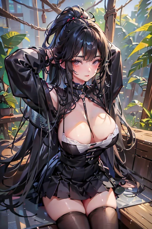 25 year old human girl with Mediterranean features, very long black hair, has super gigantic breasts, slim body, torn blouse that cannot contain her breasts, black pleated miniskirt, has a slave's neck, each breast is tied with ropes, his arms are on poles at his sides, in a forest he has a proud look