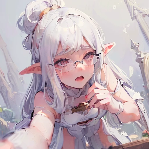((naked)), Chubby,(((very small in height))), ((many tears)),,(( crawl on all fours)),((pointy ears)),((elves)),(1girl),(((masturbating))),touch female genitals,(((White coat over naked))),(((big glasses))),(((scientist))),((labo))