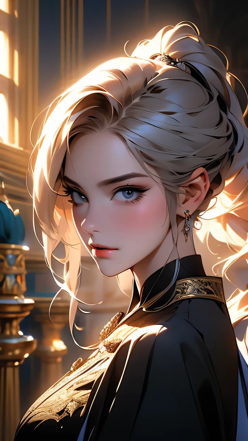 A Young and Complex Woman in the Royal Palace, art：Ivan Aivazovsky, Wide-angle lens/2.8, Extremely insane high resolution complex textures, Texture Indentation, The perfect perspective, Perfect Geometry, Great ambient lighting, Unusual surrounding shadows, Luminousism, Ultra-detailed busy background, Tessellation, Maximalism, perfectionism, IPA Award winning masterpiece, masterpiece, 最high quality, high quality, High resolution, (Upper body portrait)