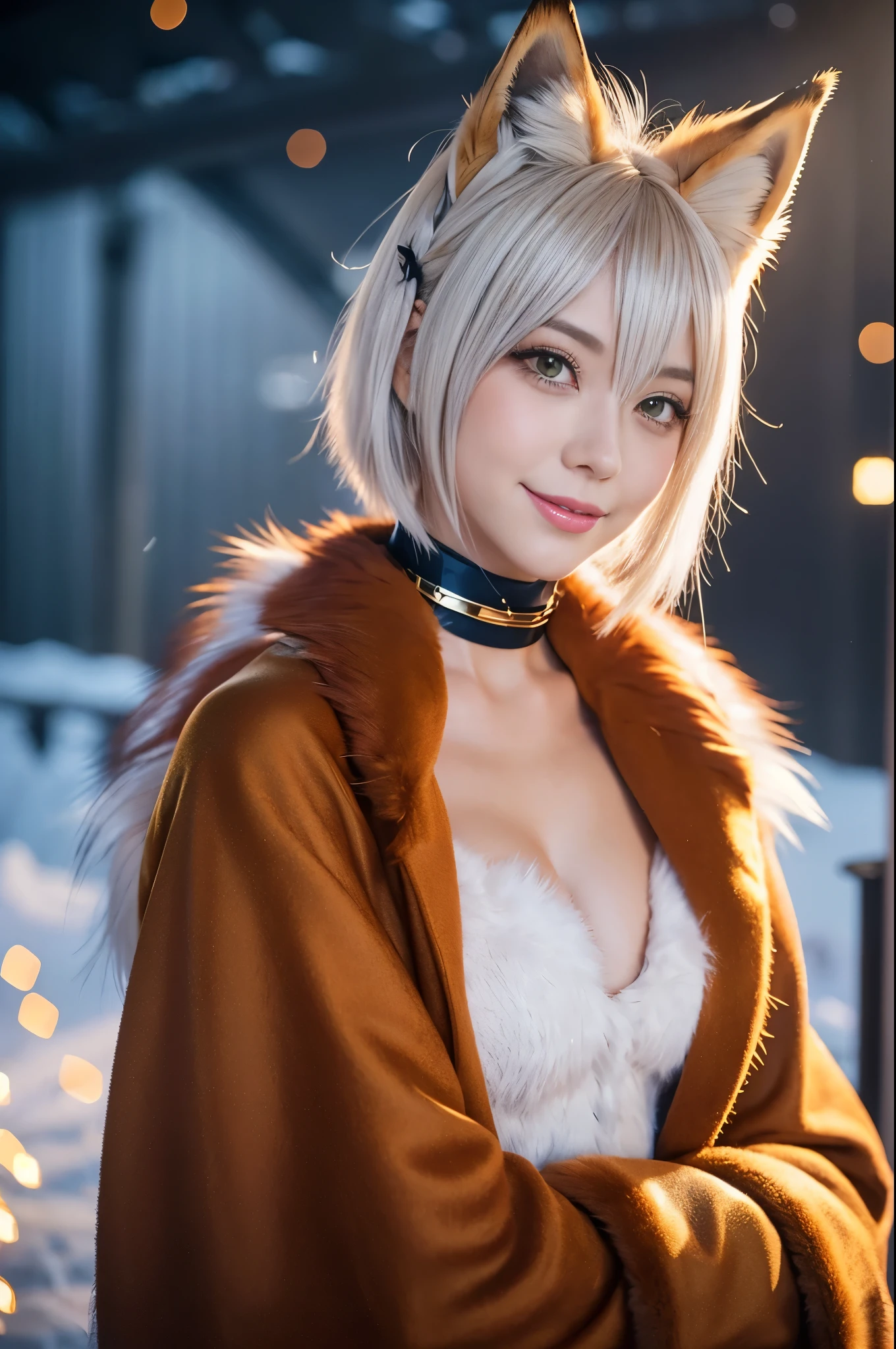 sexy swedish model, (-anime), only 1 model, very short hair, beautiful smile, lipgloss, long lashes, defined eyebrows, long fur fox color scheme, ((long fur fox cosplay)), fox ears, fox tail, fox choker, look at the camera, cinematic light, (sparkling long fur background), sweet and sexy pose