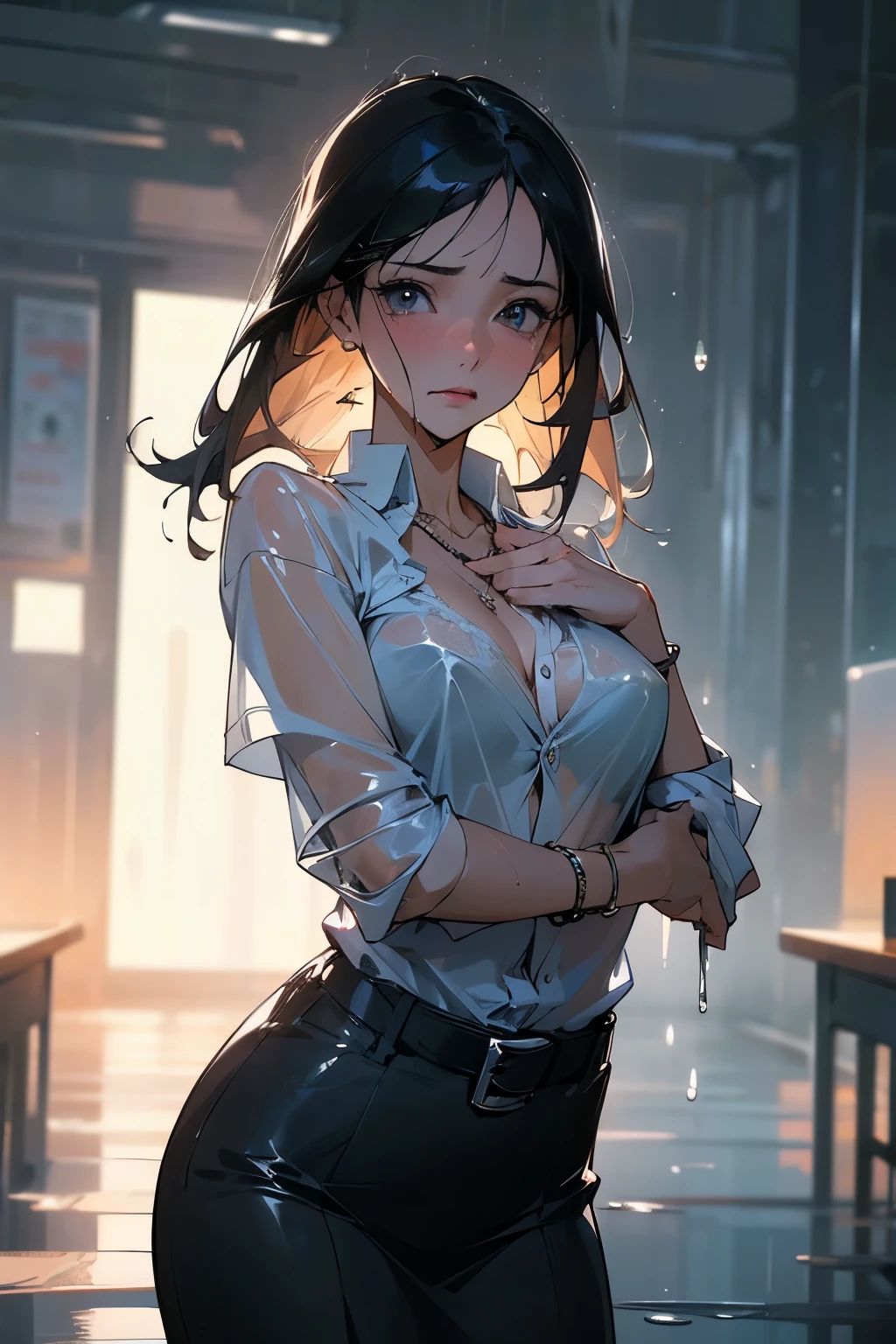 (RAW shooting, Photoreal:1.5, 8K, highest quality, masterpiece, ultra high resolution), perfect dynamic composition:1.2, Night street corner of a modern city, expression of sadness:0.3, (((Typhoon heavy rain))), Highly detailed skin and facial textures:1.2, Slim office lady wet in the rain:1.3, Japanese girl, 22 years old, Fair skin, white skin, sexy beauty:1.1, perfect style:1.2, beautiful and aesthetic:1.1, very beautiful face, water droplets on the skin, (rain drips all over my body:1.2, wet body:1.2, wet hair:1.3), (wet office skirt:1.2, wet office lady uniform:1.3), belt, (Medium chest, Bra see-through, Chest gap), (cry, lovelorn, The expression on your face when you feel intense caress, Facial expression when feeling pleasure), (beautiful black eyes, Eyes that feel beautiful eros:0.8), (Too erotic:0.9, Bewitching:0.9), cowboy shot, necklace, earrings, bracelet, clock