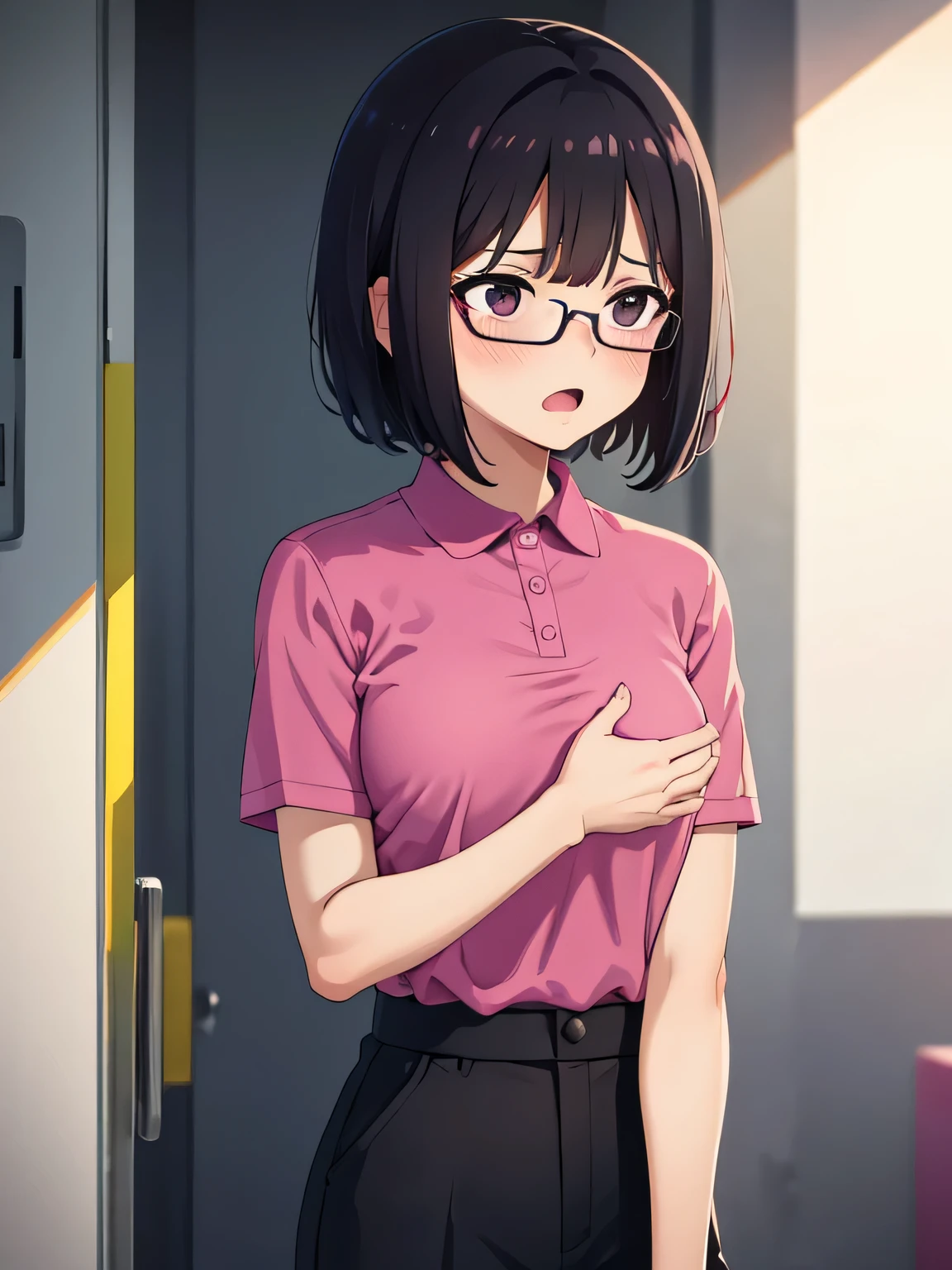 1. Beautiful girl in a magenta polo shirt, short hair, Small breasts, Embarrassing, Beautiful fingers, Shyness, worries, Black Hair, No underwear, Crouching, black eyes, hospital, beautiful, cute, high quality, short sleeves　No bra, Open mouth Glasses Perfect hands