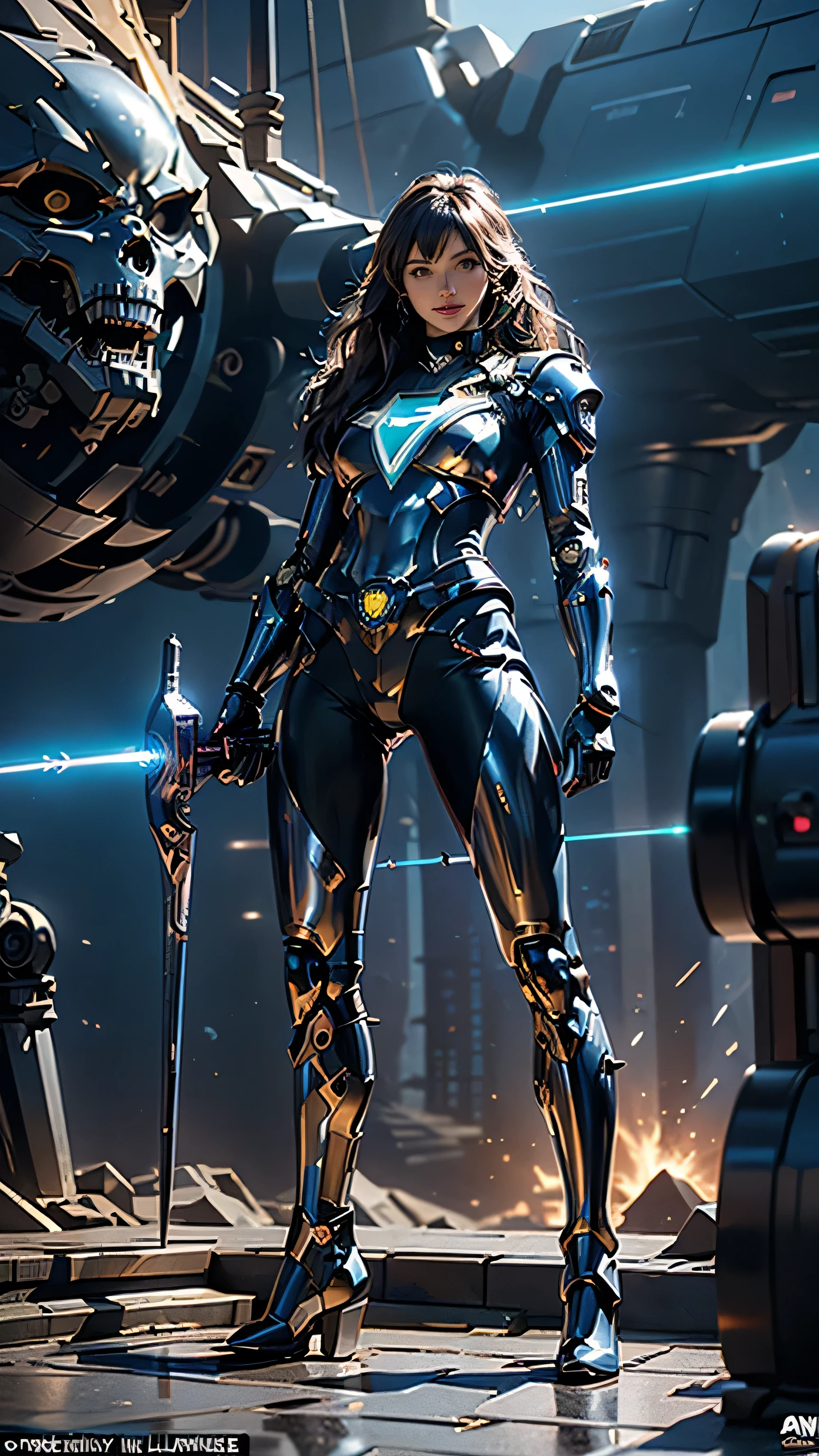 (masterpiece), (best quality), (super-detailed), (UHD 8k Sony a7R V 60 MP mirrorless camera with a 35mm wide-angle lens and a f/2.4 aperture, photographic full body shot) of a futuristic, mecha-suit enabled, space pirate Captain, (mecha pirate:1.4). The warrior is depicted brandishing her twin, (glowing:1.4, electric-blue, laser cutlasses:1.5). She is wearing intricate, highly detailed armor that is black:1.45, silver:1.43, and blue:1.2, with a jolly roger emblem inlaid in platinum on her ample chest, (she makes for a striking figure of an evil robot buccaneer:1.2). The grim looking Captain is (standing straight:1.52), with her (legs slightly bent:1.3) in preparation for evasive maneuvers, (holding her trusty laser cutlasses:1.44 out to her sides:1.51), (ready for battle, it was time for some action), (on the gloomy bridge of her pirate themed spaceship:1.4), epic comic book cover art by Greg Capullo mixed with the iconic style of comic book cover artist Jim Lee also from the Marvel, Image, and DC comic book universes. dramatic lighting with strong contrasts highlights his metallic textured features, cinematic movie still, masterpiece, best quality, absurd resolution, 8k Nikon 7r, ray tracing, HDR, UHD, volumetric lighting, Unreal Engine 5, Unity Engine, Blender, octane render, exquisite subject composition and use of lighting:1.4, exceptional, award-winning shading:1.38, sharp focus:1.35, low angle, ominous mood, facing the viewer, (in the illustration style of Greg Capullo:1.33 the famous comic book artist), repeat positive prompts, repeat negative prompts, HDR, 8k, UHD 8K resolution, wide-angle lens, full shot photograph, Absurd resolution, maximum detail, photorealistic, realistic, ultra-realistic,