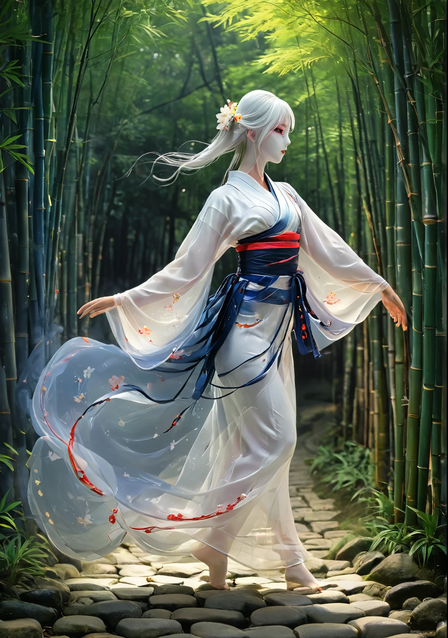 Ancient Shinto Moon Goddess, Long silver hair, A long, gorgeous midnight blue and white kimono, (A smooth ceremonial half-mask of pure white lacquered wood:1.3)、Japanese Girls、High-class kimono、Smooth long hair with bangs、Cobblestone walkway through a bamboo forest、Complex colors, Art Me、Actual Photos、High resolution、detailed、whole body
