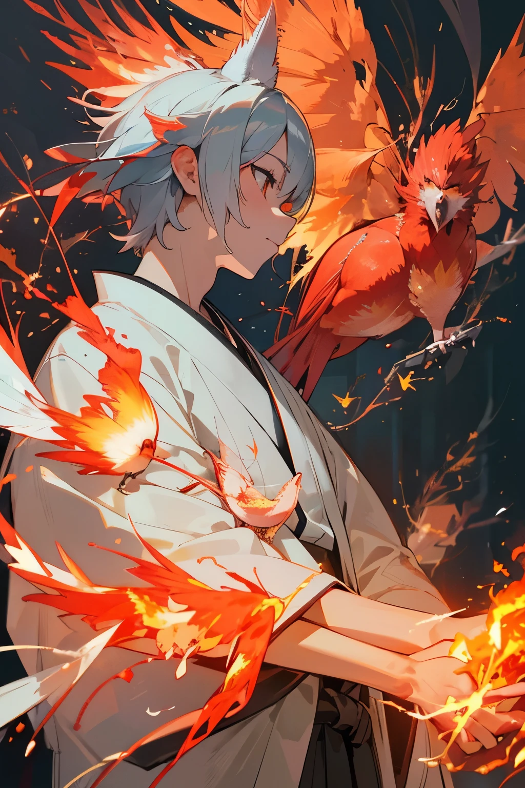 超High resolution, retina, masterpiece, Accurate, Anatomically correct, Rough skin, Very detailed, Advanced Details, high quality, Awards, 最high quality, High resolution, High resolution, 4K,(anime,8k,masterpiece, 最high quality, 最high quality,beautifully、beautiful:1.2,Professional Illustration:1.1,Very detailed:1.3,Perfect lighting),Very detailed,Most detailed,High resolution,boy, Cat ear,Silver Hair,short hair,Upper Body,kimono,(Flaming Bird:1.9)