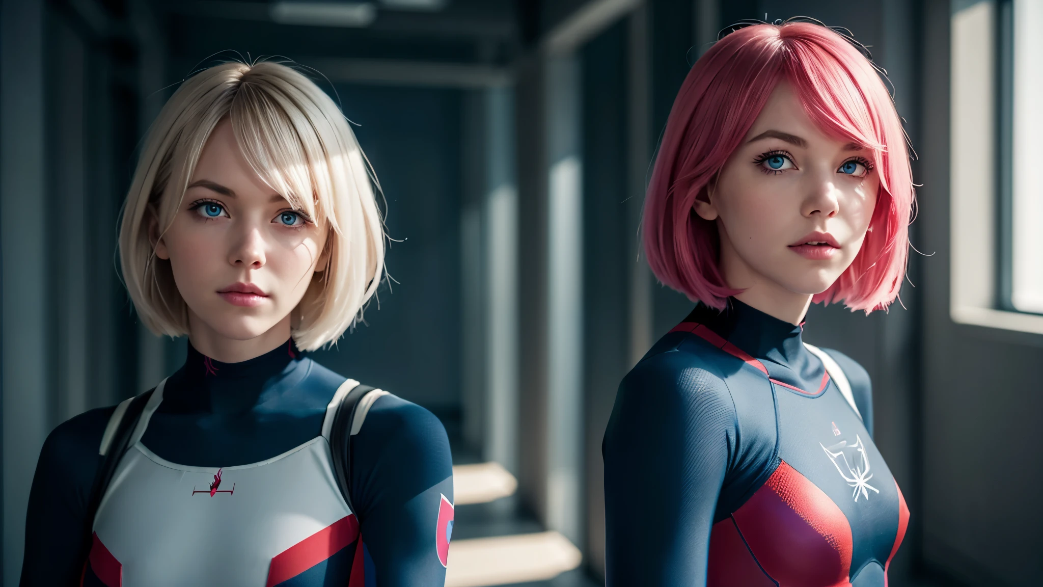 (((1 girl))), ((Spider-Gwen)), ((Spider-Gwen Outfit)), ((Spider-Gwen Haircut)), Textur, filmgrain, Hautporen, dusty atmospheric haze, Vignettierung, Falten, komplizierte Details:0.2 Intricate dramatic cinematic movie stills of a beautiful, elegant, Augenkontakt, (herablassendes, wirkliches Leben, HDR (Hoher dynamischer Bereich), Raytracing, NVIDIA RTX, super resolution, Unreal 5, selbstbewusstes Grinsen)1.2, (niedriger Winkel)1.2, Bokeh im Vordergrund, hasselblad RAW dramatisches Foto, (blue eyes), (city in Background), ((High detailed eyes)), 8k, UHD, ((sexy))