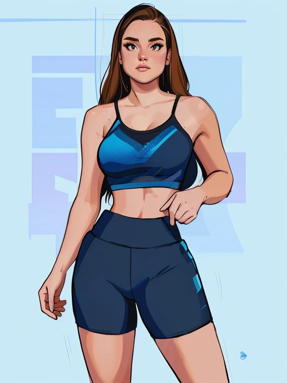 4k, Comic babies, there is a woman in sports bra and shorts posing, sports bra and shorts, dark blue sports bra and shorts, two-piece workout clothes, streetwear bra and shorts, tight black top and shorts, in digital illustration style , adjust woman, adjust, crop top and shorts, in the style of Digital Painting, adjust girl, toned shape, wearing adjustness gear