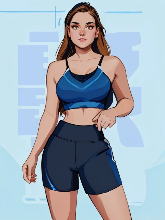 a close-up of a woman in a bikini and shorts, apta, sports bra and dark blue shorts, sports physique, sports bra and shorts, smooth 3d cg rendering, corpo perfeito fotorrealista, Modelo de fitness, smooth body features, corpo forte, suor muscular lara croft, sports bra and shirt, corpo em forma, muscular character, avatar da parte superior do corpo, pose forte, 8k, SexyToon