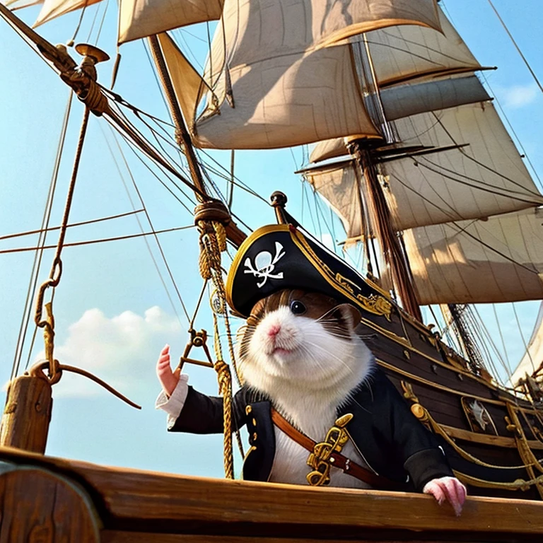 Pirate Hamster:Hamster hoisting the sails as the captain of a pirate ship。