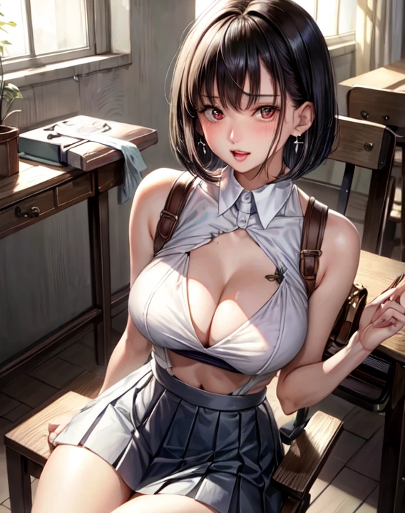 Check it out, masterpiece, highest quality, 1 girl, alone, White skin, Black hair straight, short pixie cut、 sexy shirt, Showing off your breasts, show stomuch, Show me your armpits, Crop top, Underbust, Pleated skirt, Show me your breasts, blush, shy, Sexy pose, indoor, classroom, Chair, mechanical, window, Sitting, Please place your hand on your chest, ((White shirt)), Red eyes, Open your mouth, face, Earrings, Gal, repair, Open clothes, Open chest, Showing off your breasts, Sticking out tongue, Red Sunglasses, ((repair)), 唇Earrings,Emphasize the nipple protrusion、Detailed fingers、Correct finger、左右対象なface、