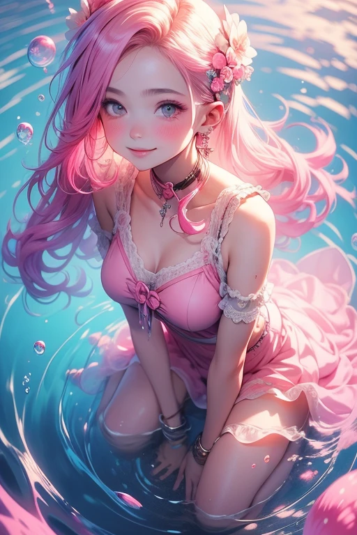 masterpiece, best quality, ultra detailed, 8k, high res, girl, surrounded by pink water and bubbles, anime, anime illustration, anime by sam does art