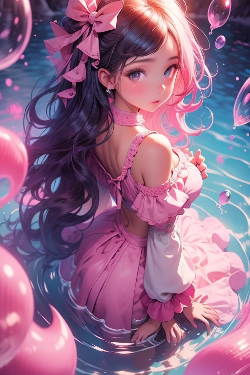masterpiece, best quality, ultra detailed, 8k, high res, girl, surrounded by pink water and bubbles, anime, anime illustration, anime by sam does art