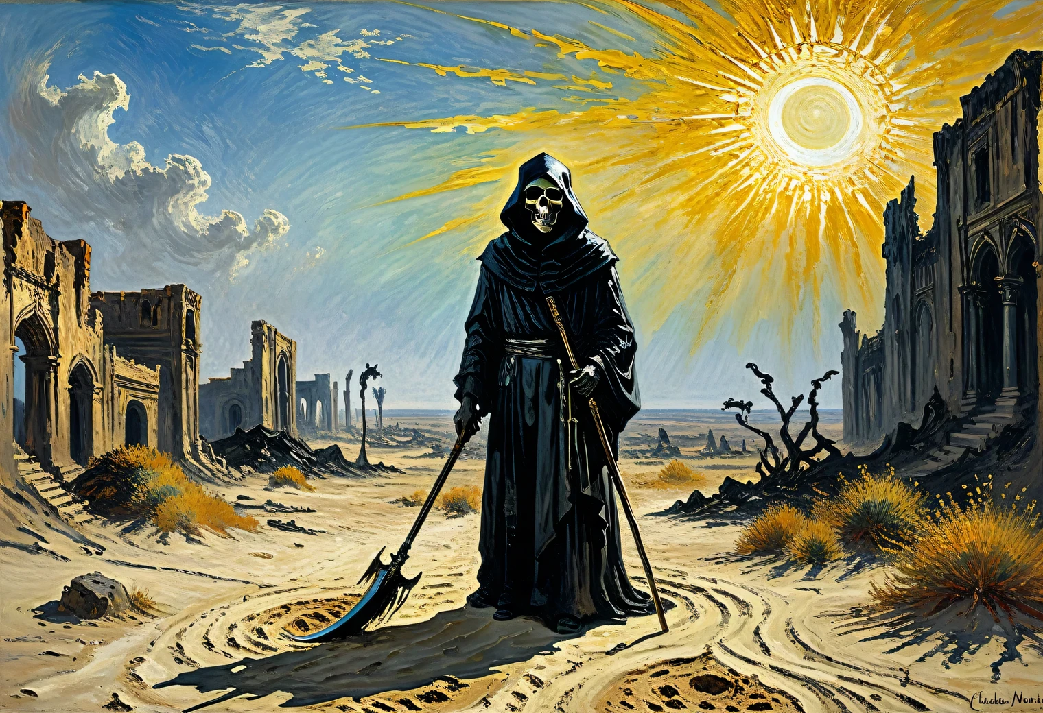 A painting by Claude Monet, The bright desert sun disperses its withering rays, sand, ruins, dryness and heat, in the center stands a Black Grim Reaper and holds in his hand a large frightening scythe, antiquity and mystery, minimalism, coal and gold, clarity, modern art, subtly and elegantly, in detail, avant-garde and rigor, illusion, surrealism, volume, full compliance with the style of Claude Monet