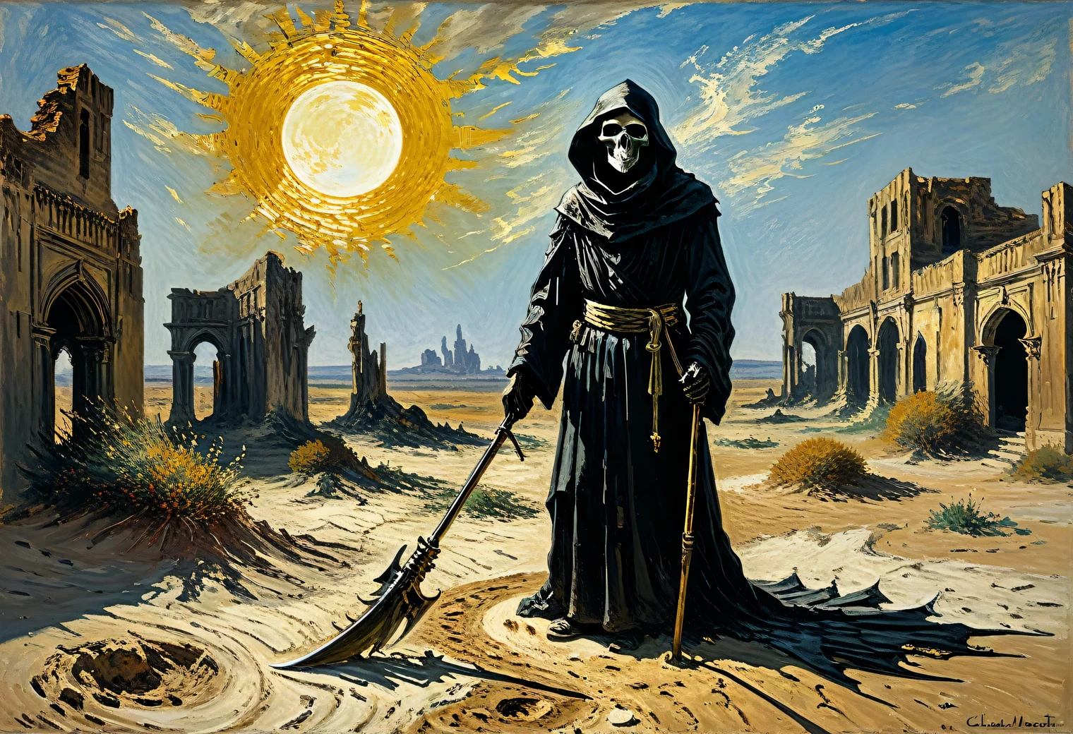 A painting by Claude Monet, The bright desert sun disperses its withering rays, sand, ruins, dryness and heat, in the center stands a Black Grim Reaper and holds in his hand a large frightening scythe, antiquity and mystery, minimalism, coal and gold, clarity, modern art, subtly and elegantly, in detail, avant-garde and rigor, illusion, surrealism, volume, full compliance with the style of Claude Monet