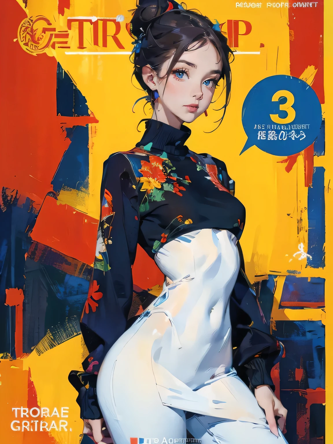 (masterpiece:1.2, best quality), (magazine cover), (colorful Magazine cover with lots of text), brilliant colorful paintings, Comic cover style,"hair and abstract background, no skin, no hand, no finger, no fingers", magazine cover, (highly detailed:1.2), ((Best Quality)), ((Masterpiece)), ((Realistic)) 19 year old, redhead girl, armpit lenght hair, relaxed happy face ((slender)) (busty), (((jeans and pullover))) (bun hairstyle:1.5), (((detailed character sheet, frontal view, side view, three quarter view, full body view))) white background, 6 and a half heads full body, beanie hat, body shape,detailed eyes and face,long eyelashes,pale skin,(intricate-detail:1.2),(masterpiece, :1.3) ,(top-quality:1.4), armpit lenght hair, relaxed happy face ((slender)) (busty), ((( White bodycon Dress))), (intricate-detail:1.2),(masterpiece, :1.3) ,(top-quality:1.4), (A high resolution:1.2), A high resolution, (A detailed eye), (detailed facial features), 8K resolution, (Lens Flare: 0.7), turned around, (8K, masterpiece, Highest Quality, Best Quality, Official art, Breathtaking beauty and aesthetics, A highly detailed, full body character design, full body