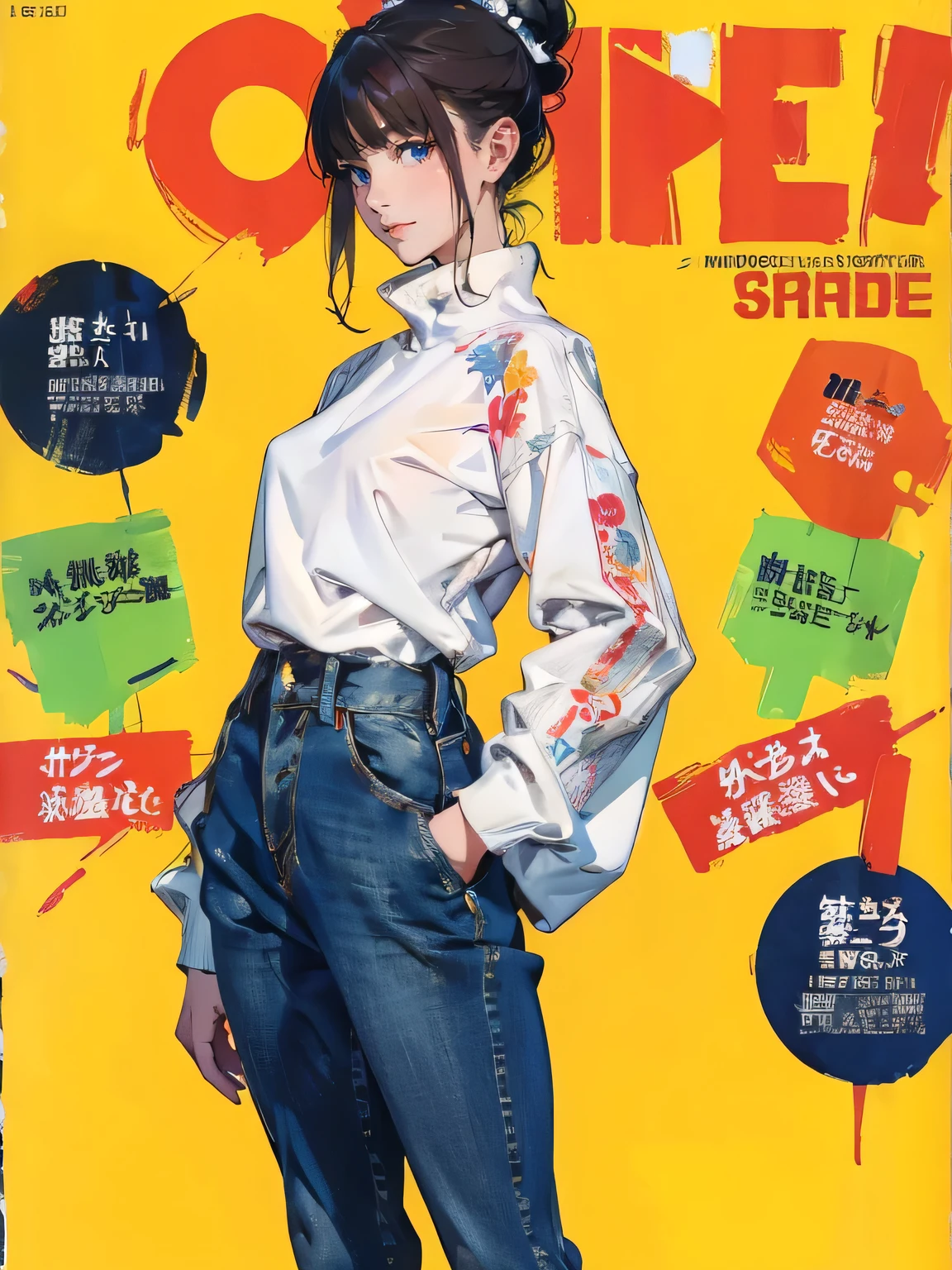 (masterpiece:1.2, best quality), (magazine cover), (colorful Magazine cover with lots of text), brilliant colorful paintings, Comic cover style,"hair and abstract background, no skin, no hand, no finger, no fingers", magazine cover, (highly detailed:1.2), ((Best Quality)), ((Masterpiece)), ((Realistic)) 19 year old, redhead girl, armpit lenght hair, relaxed happy face ((slender)) (busty), (((jeans and pullover))) (bun hairstyle:1.5), (((detailed character sheet, frontal view, side view, three quarter view, full body view))) white background, 6 and a half heads full body, beanie hat, body shape,detailed eyes and face,long eyelashes,pale skin,(intricate-detail:1.2),(​masterpiece, :1.3) ,(top-quality:1.4), armpit lenght hair, relaxed happy face ((slender)) (busty), ((( White bodycon  Dress))), (intricate-detail:1.2),(​masterpiece, :1.3) ,(top-quality:1.4), (A high resolution:1.2), A high resolution, (A detailed eye), (detailed facial features), 8K resolution, (Lens Flare: 0.7), turned around, (8K, masterpiece, Highest Quality, Best Quality, Official art, Breathtaking beauty and aesthetics, A highly detailed, full body character design, full body