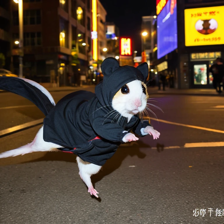 Ninja hamster：Wearing a ninja costume、Hamster running on the roof at night。
