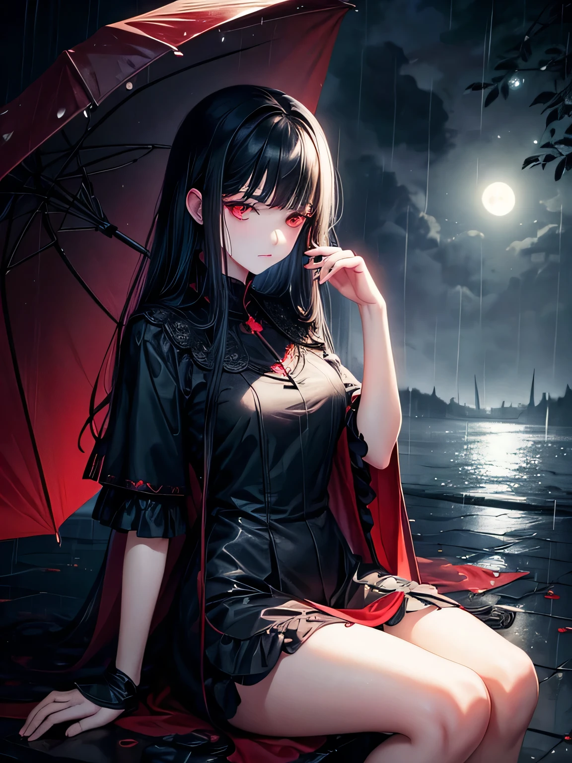 black hair and red eyes mature princess,sideways moon, heavy raindrops, sitting on rain, aloof face, depressed gloomy atmosphere, illustrations, vivid colors, cool tones, soft lighting,