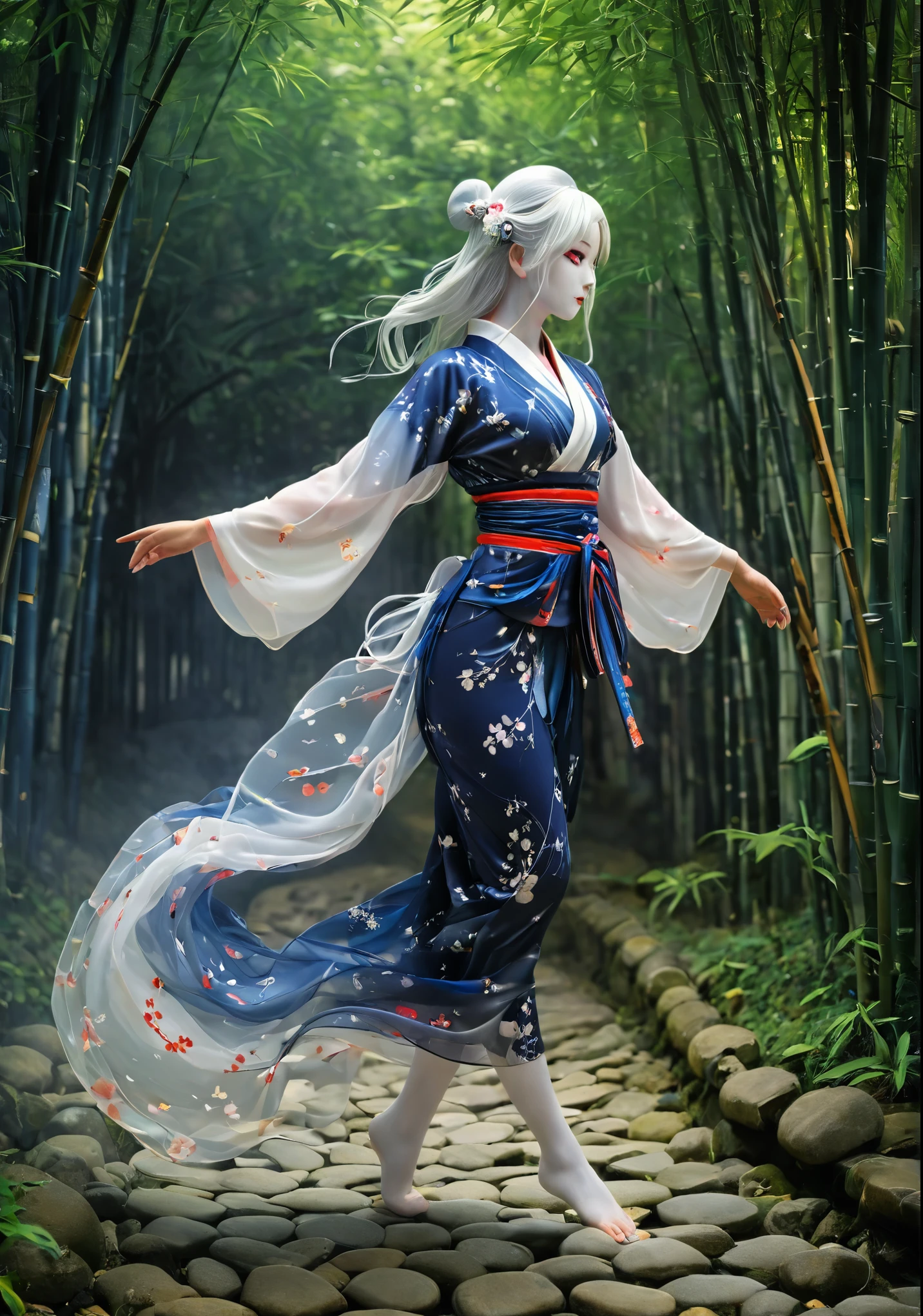 Ancient Shinto Moon Goddess, Long silver hair, A long, gorgeous midnight blue and white kimono, (A smooth ceremonial half-mask of pure white lacquered wood:1.3)、Japanese Girls、High-class kimono、Smooth long hair with bangs、Cobblestone walkway through a bamboo forest、Complex colors, Art Me、Actual Photos、High resolution、detailed、whole body
