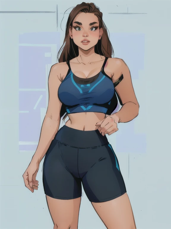 4k, Comic babies, there is a woman in sports bra and shorts posing, sports bra and shorts, dark blue sports bra and shorts, two-piece workout clothes, streetwear bra and shorts, tight black top and shorts, in digital illustration style , adjust woman, adjust, crop top and shorts, in the style of Digital Painting, adjust girl, toned shape, wearing adjustness gear