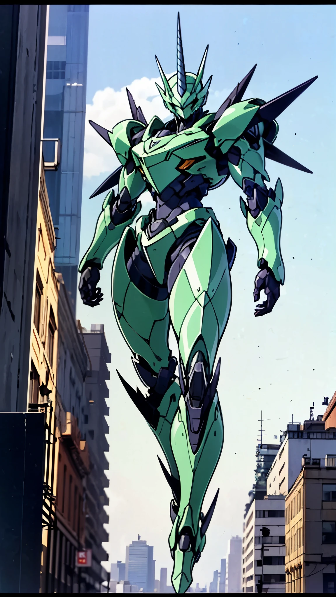 A man wearing a full-face helmet, a fantasy-style biotech armored combat suit, green eyes, (a composite layered chest armor), fully enclosed shoulder guards, matching arm and leg guards, the belt is adorned with Horseshoe-shaped marker, (the color scheme is primarily white with green accents), the design balances heavy with agility, a high-tech bio-mecha armor, (Armor Concept Inspired by Unicorn, stand on the top of a skyscraper in a futuristic sci-fi city), this character embodies a finely crafted fantasy-surreal style armored hero in anime style, exquisite and mature manga art style, (battle damage, element, plasma, energy, the armor glows), ((male:1.5)), metallic, real texture material, dramatic, high definition, best quality, highres, ultra-detailed, ultra-fine painting, extremely delicate, professional, perfect body proportions, golden ratio, anatomically correct, symmetrical face, extremely detailed eyes and face, high quality eyes, creativity, RAW photo, UHD, 32k, Natural light, cinematic lighting, masterpiece-anatomy-perfect, masterpiece:1.5