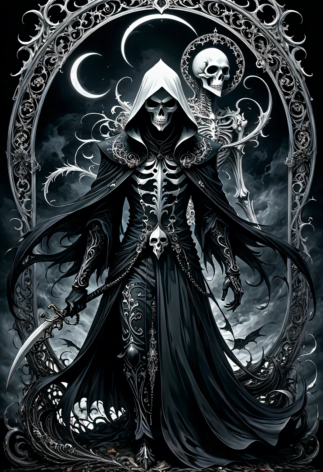 ((Dark Art)), ((Dark Fantasy)), ((Anime Style)), ((Horror story)), Black Grim Reaper and White Grim Reaper, full body, full pose, style, grace, mesmerizing, the work of a master of black and white art, filigree, intricate, voluminous depth, illusion in the image